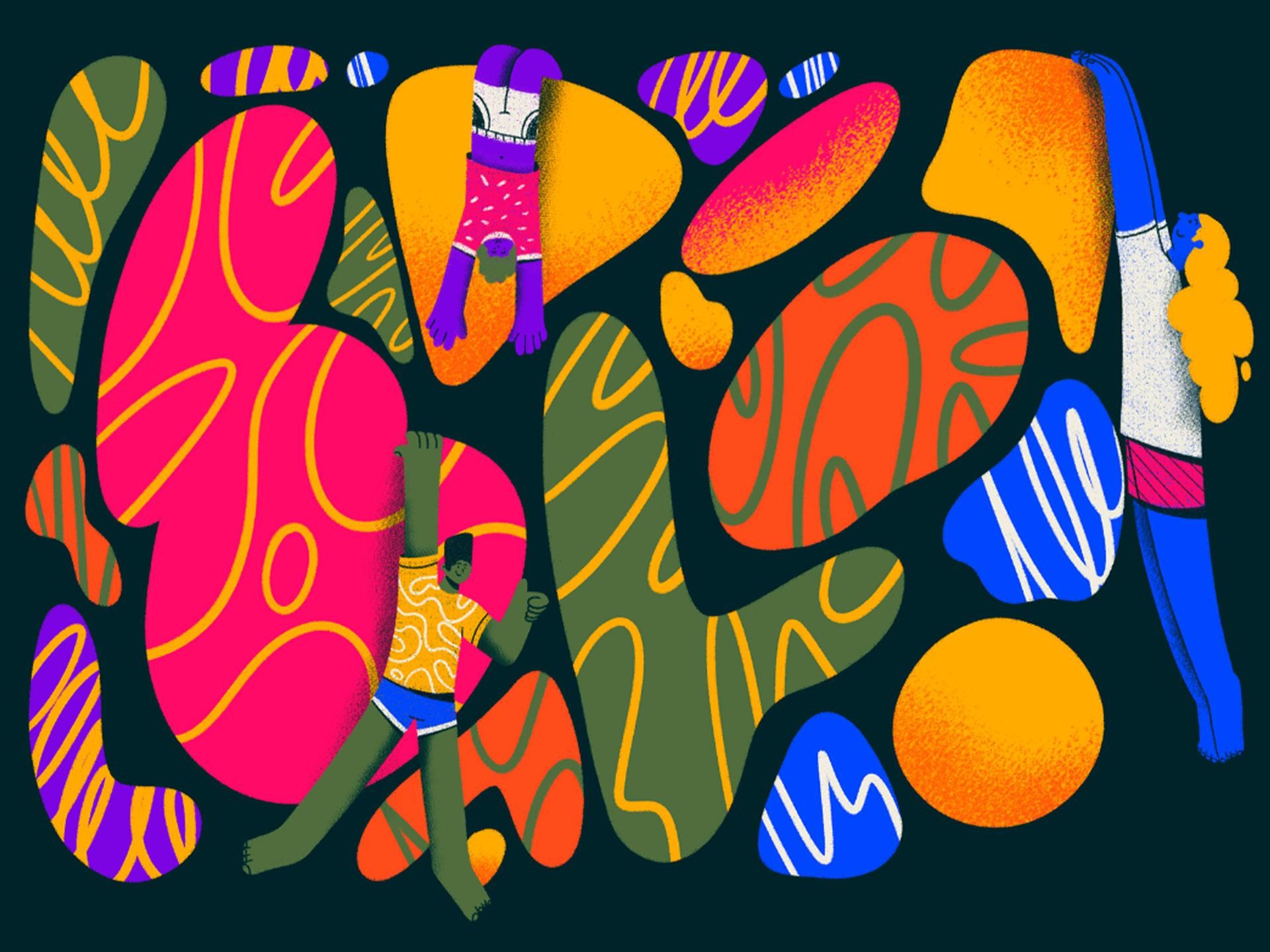disegno di forme colorate con figure umane che si arrampicano