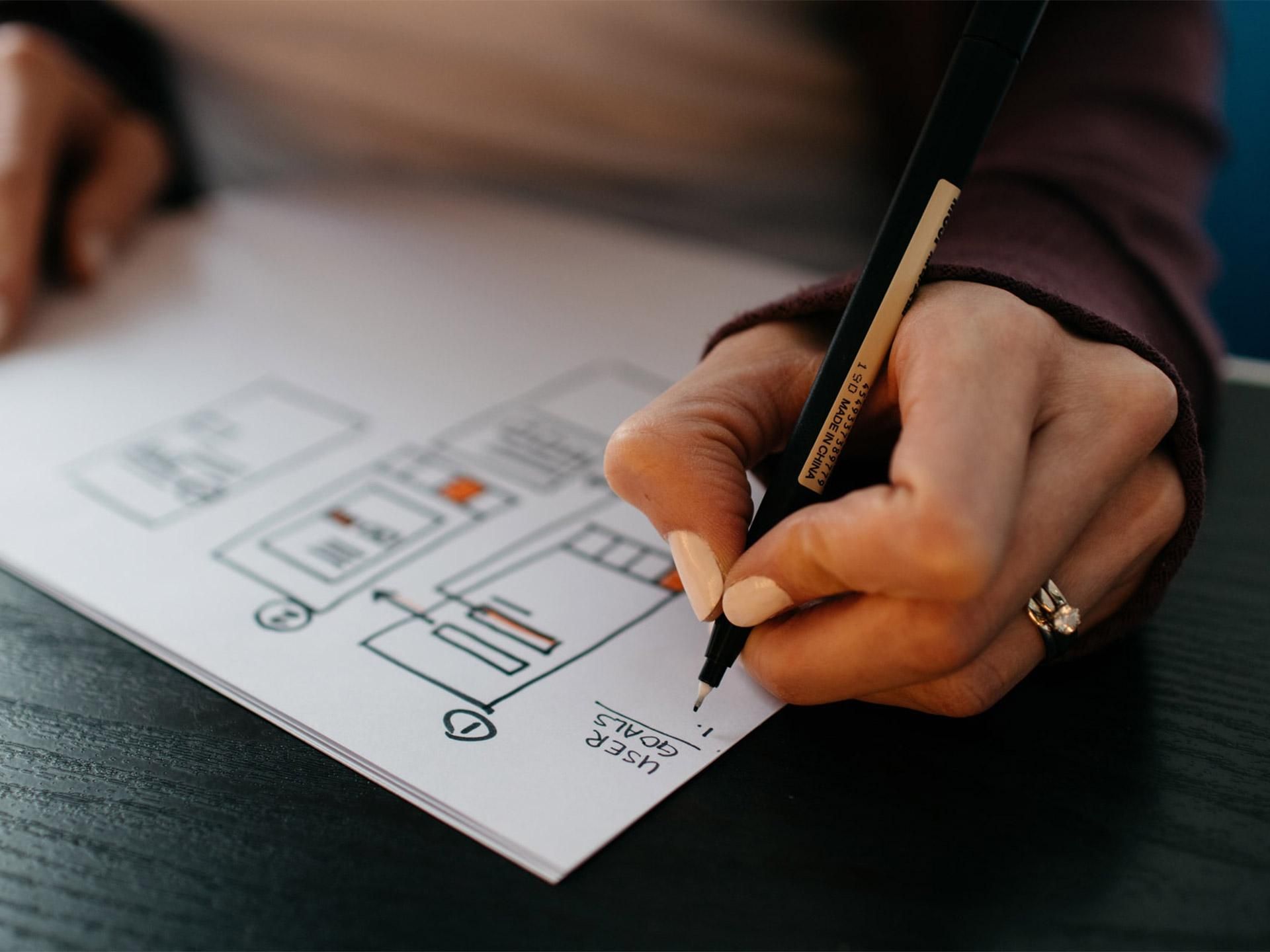 Mano di ragazza che disegna wireframes di app su foglio di carta