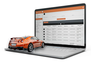 Mockup di Fleet Manager su laptop e modellino di auto