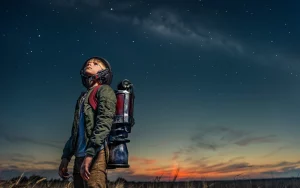 bambino con zaino guarda il cielo