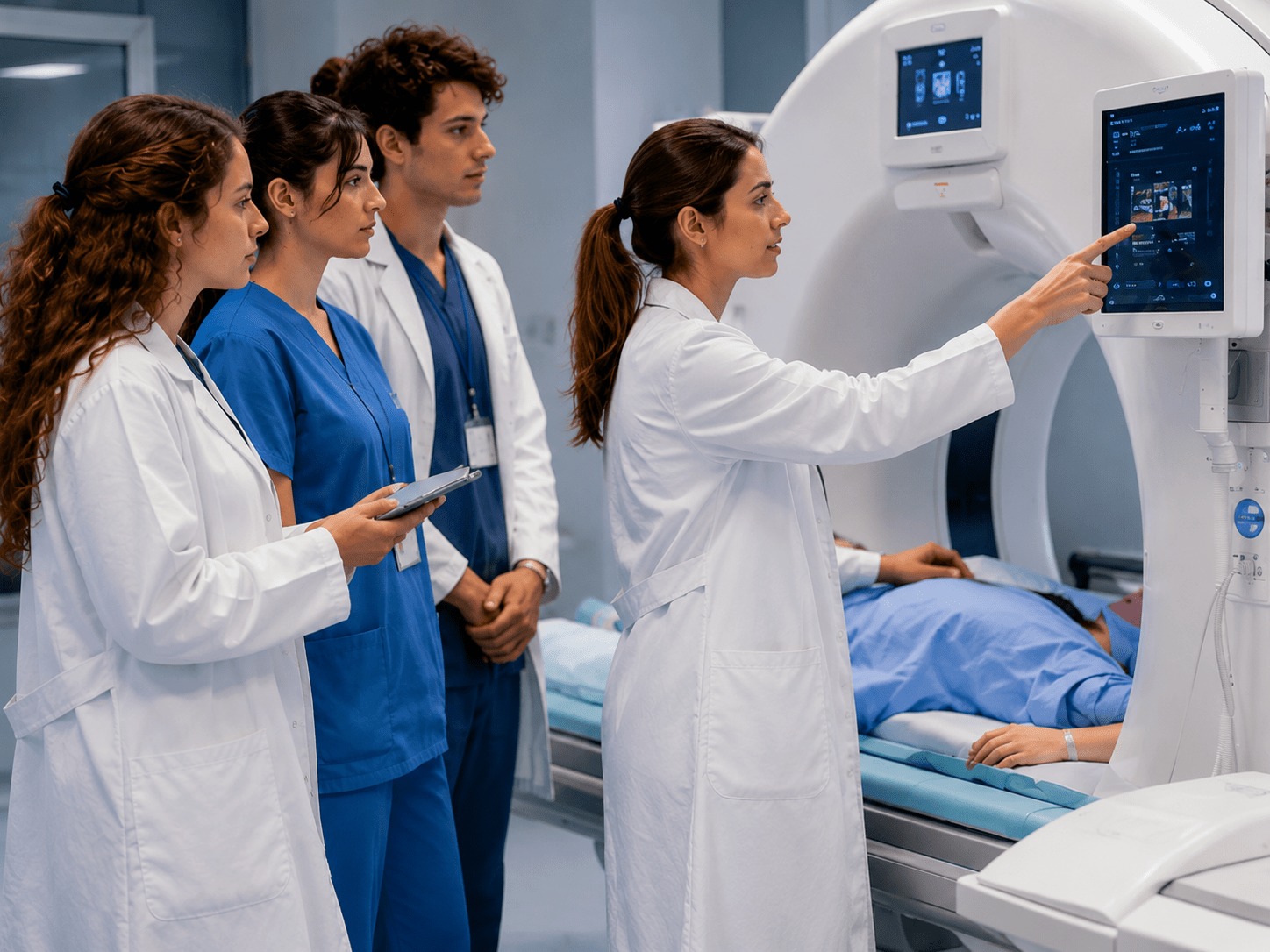 Studenti universitari e docente in laboratorio di radiologia durante una sessione formativa su apparecchiature TAC e procedure di radioprotezione