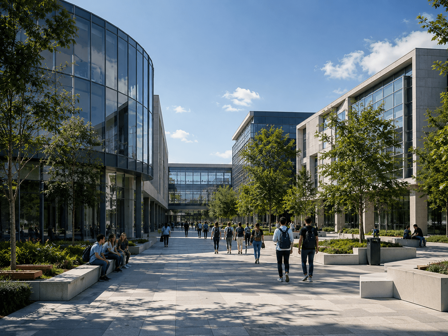 Campus universitario moderno con studenti in un polo accademico contemporaneo dedicato a formazione, ricerca e innovazione scientifica