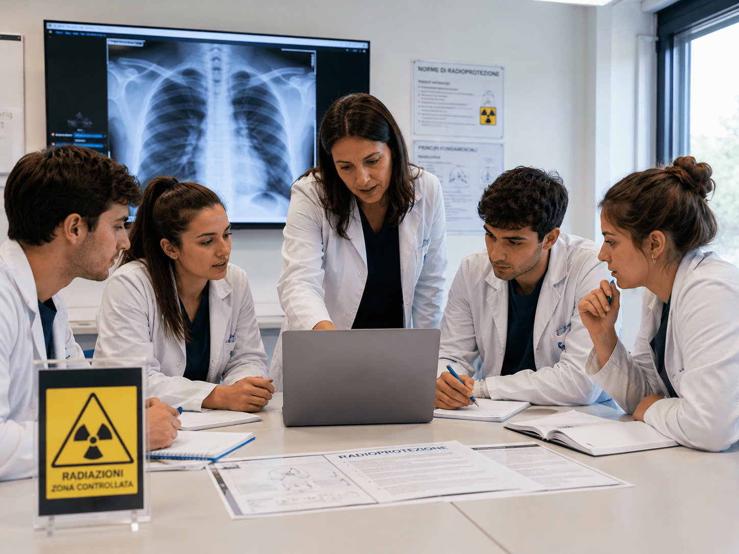 Docente universitaria e studenti di area sanitaria durante un’attività formativa sulla radioprotezione e la gestione del rischio radiologico in ambiente accademico.